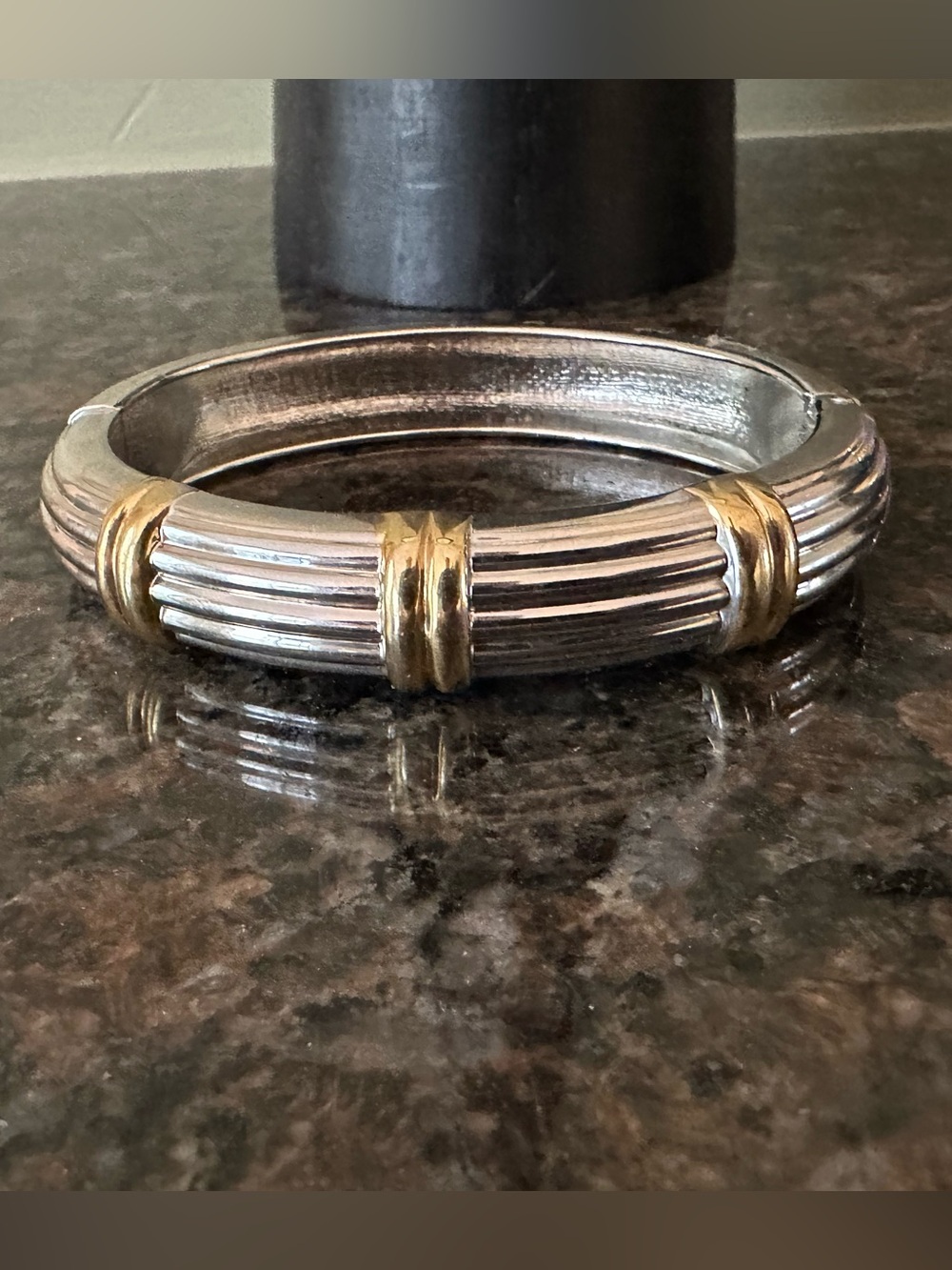Two-Tone Silver and Gold Ribbed Bangle Bracelet - Picture 6 of 6
